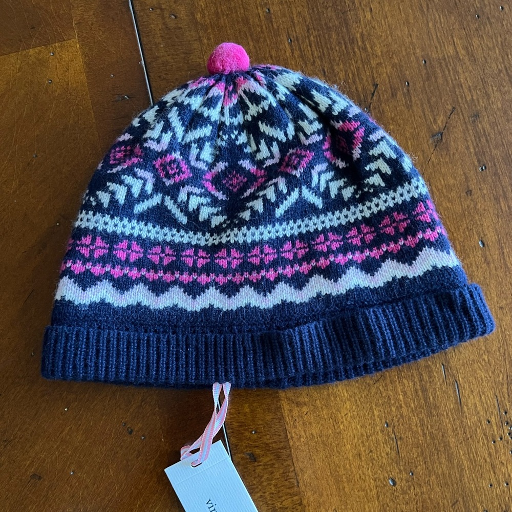 Vineyard Vines Fairisle Stripe Hat with pink
 pom pom